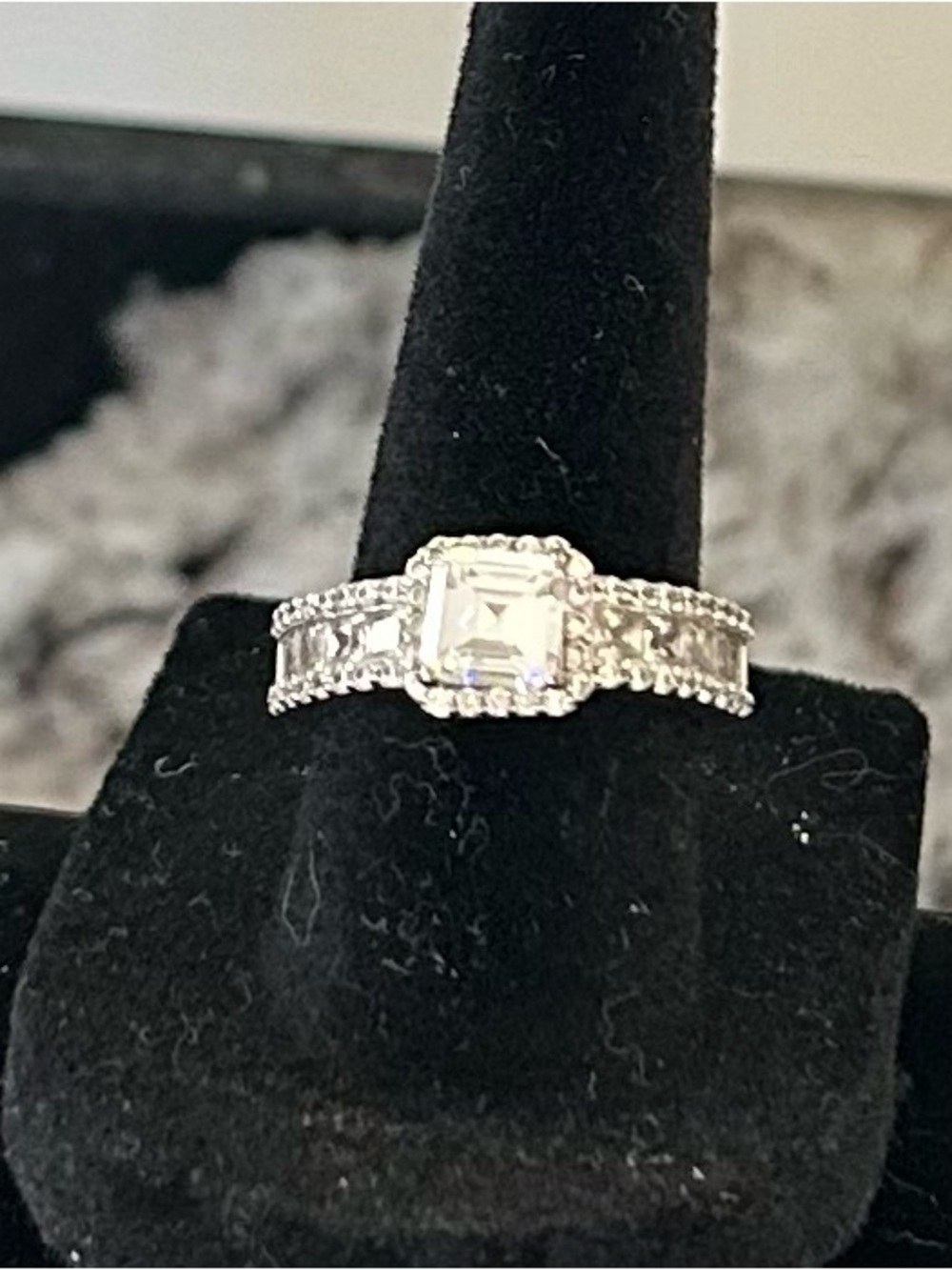 Suzy Levian Sterling Silver Cubic Zirconia Asscher Cut Center Stone Ring